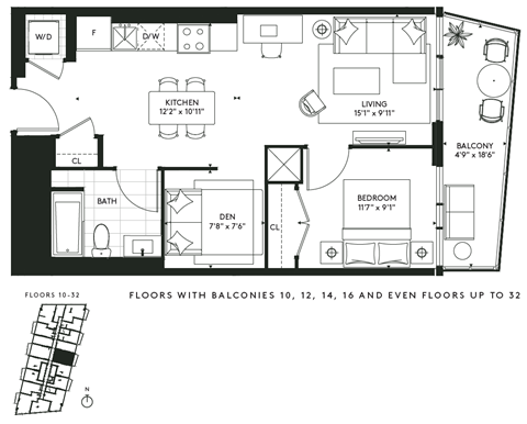 Floor plan for 1 bed, 1 bath, 664 sqft